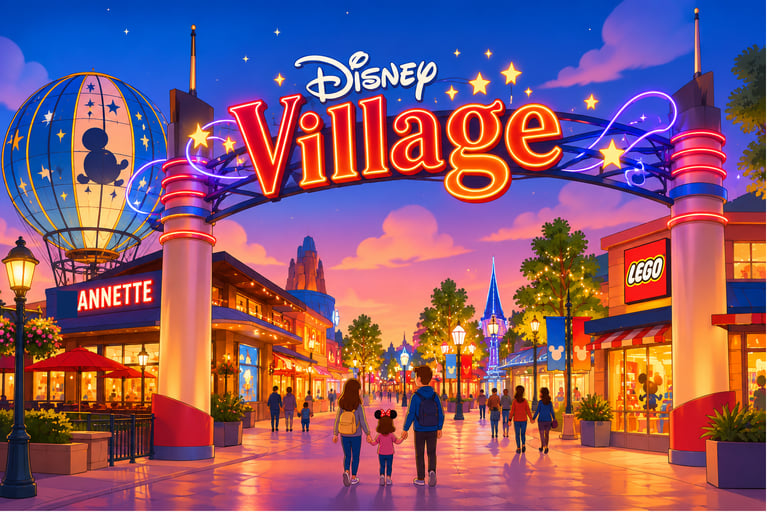 Vibrant Disney Village entrance at sunset with families walking past LEGO and Annette shops.