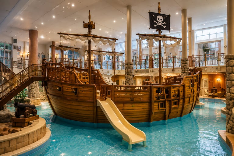 A large wooden pirate ship with a slide in an indoor swimming pool at a luxury water park.