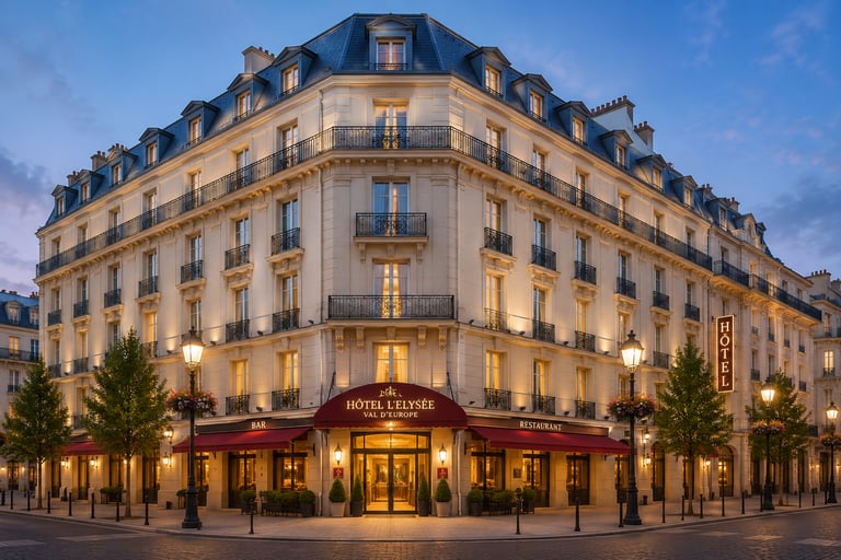 Elegant exterior view of Hotel l'Elysee Val d'Europe with classic French architecture at twilight.