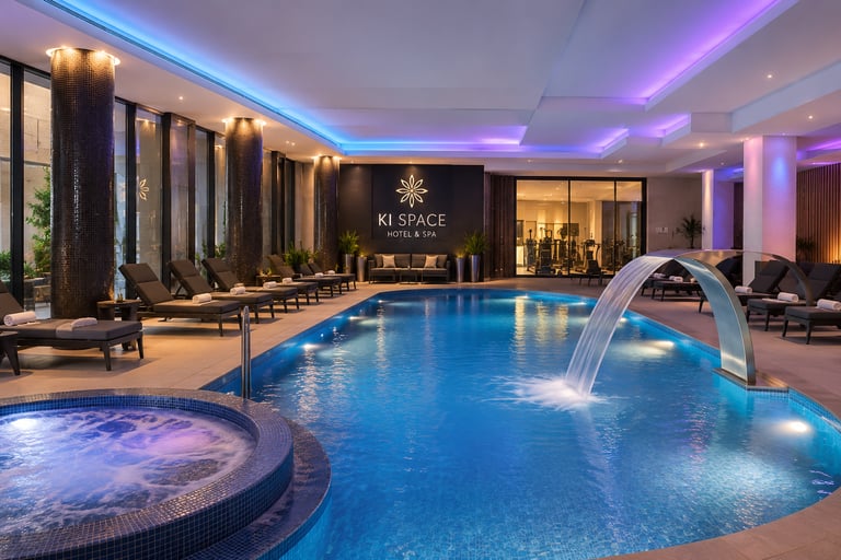Luxury indoor pool and hot tub at Ki Space Hotel and Spa with mood lighting and lounge chairs.