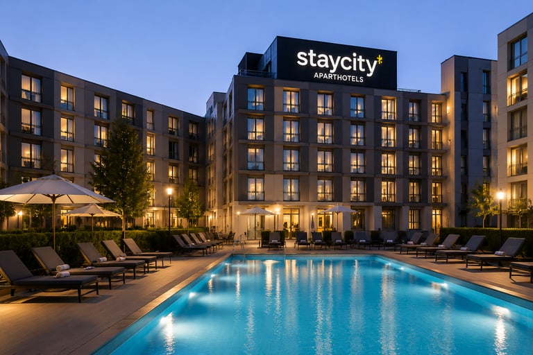 Staycity Aparthotels building at night with a lit swimming pool and outdoor lounge chairs.