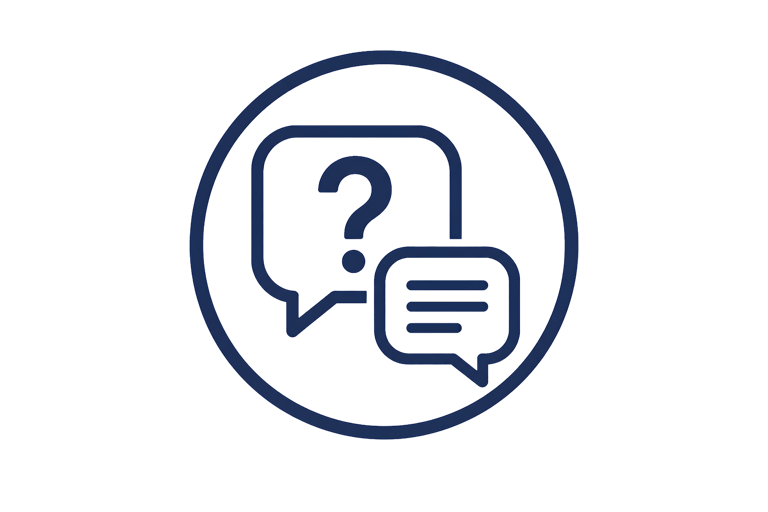 Dark blue circular icon featuring speech bubbles with a question mark for customer support and FAQ.