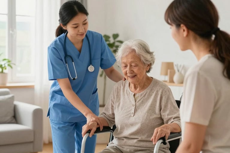 A professional, realistic healthcare image showing a diverse group of people receiving home care sup