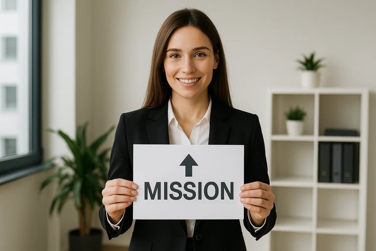 Business woman holding a mission sign in a modern office environment