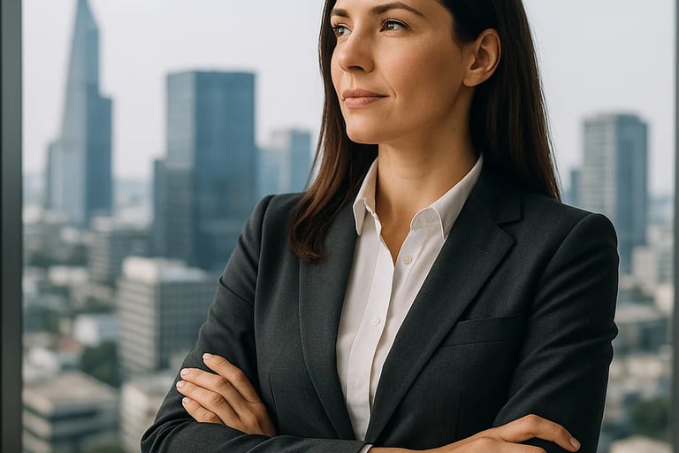 Confident businesswoman in formal suit standing with folded arms in front of a city skyline.