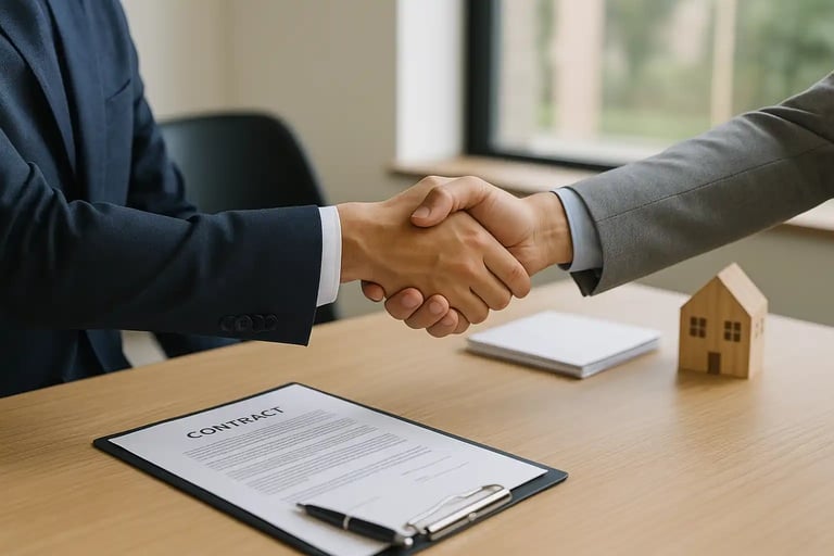 Business handshake over a signed contract on a desk, symbolizing a successful real estate agreement