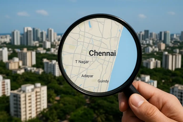 Magnifying glass highlighting Chennai map with city skyline in the background