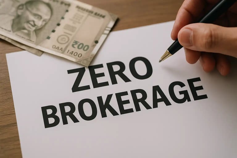 Zero brokerage text with Indian currency and a hand holding a pen