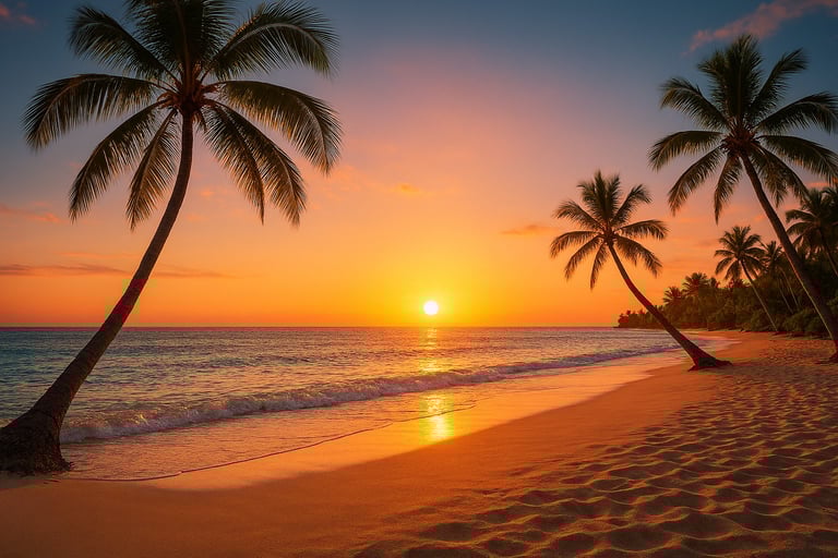 a tropical sandy beach at sunset