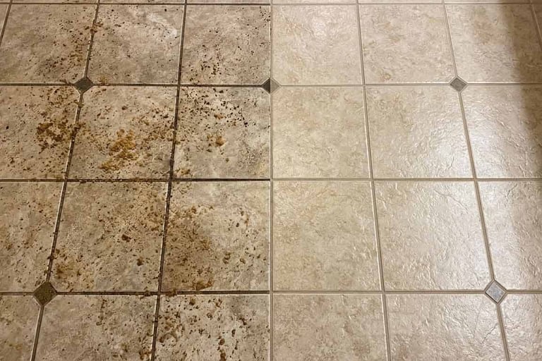 Side-by-side comparison of dirty floor tiles and clean, restored grout after low-moisture cleaning