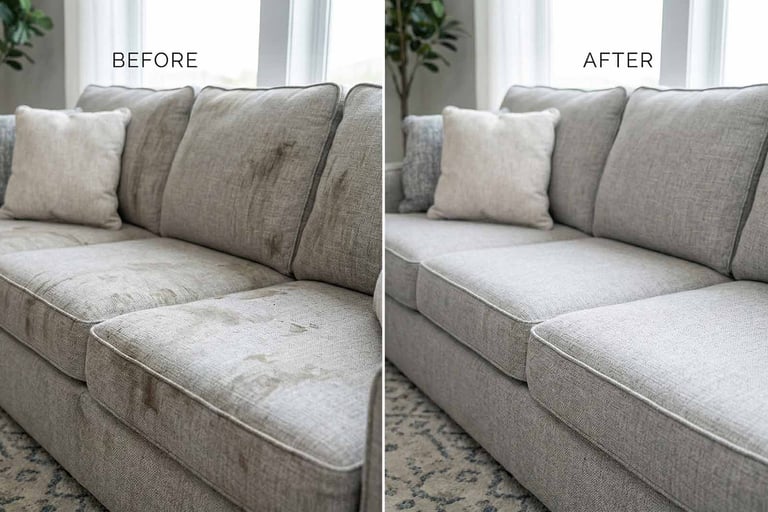 A side-by-side comparison. The left couch is stained; the right couch is clean after a professional cleaning.