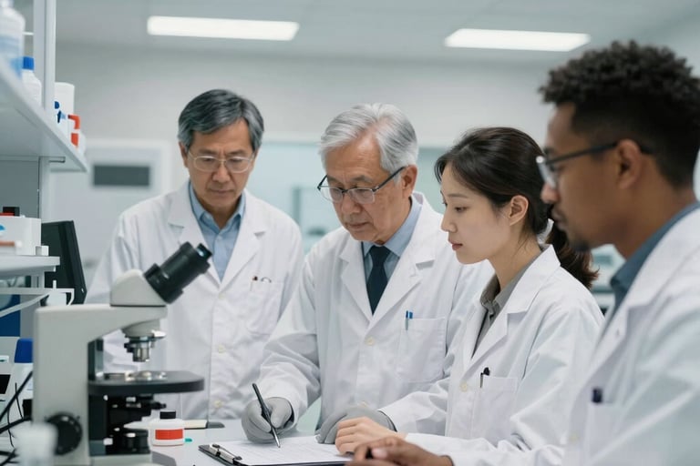 Professional photography of a diverse group of researchers collaborating in a bright, modern laboratory setting, highlighting technological advancement in an International / Global environment.