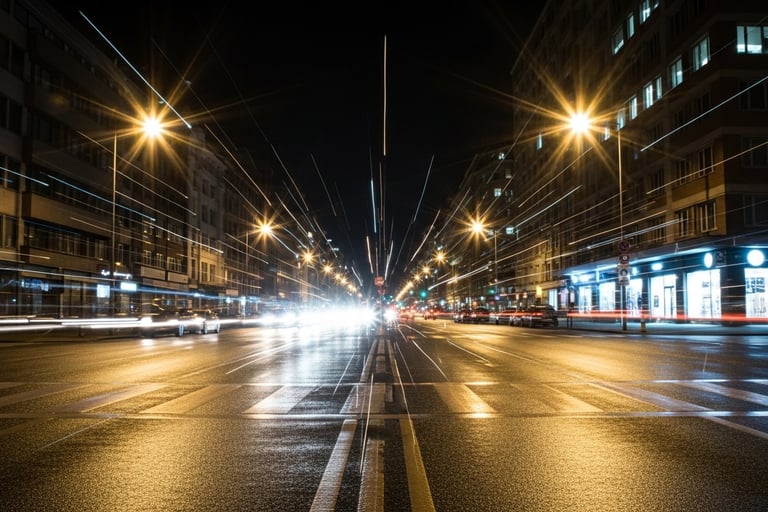 Luzes alongadas, como raios ou estrelas esticadas, com halos.