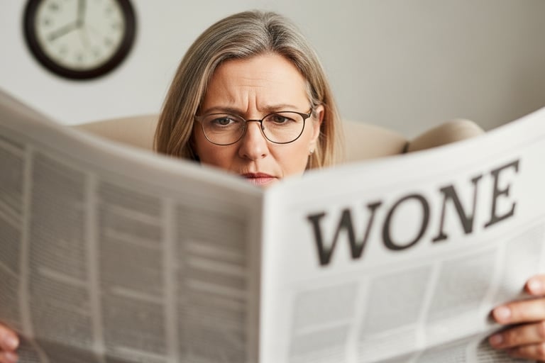 Segurando o jornal "um pouco afastado do rosto", "expressão de leve frustração ou concentração força