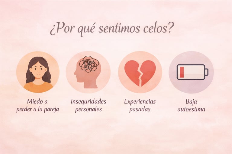 Infografía sobre las causas de los celos: miedo, inseguridad, experiencias pasadas y baja autoestima.