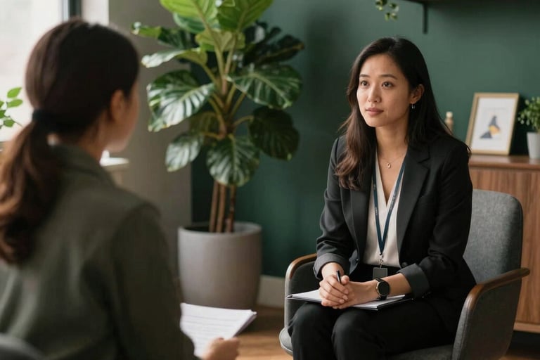 A professional counseling session in a warm North American office. Soft natural light illuminates the space which features dark green accents and leafy plants.