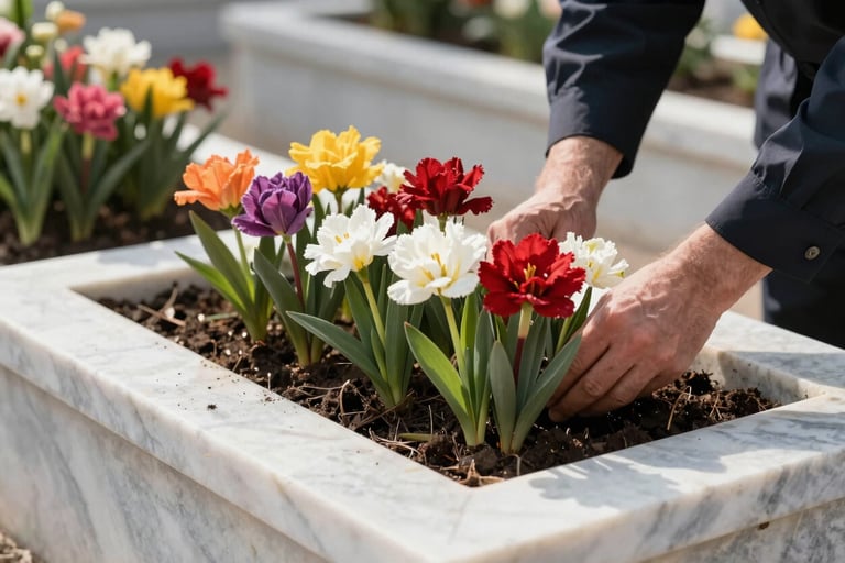 Close-up photography of fresh, vibrant flowers being carefully planted into the soil of a grave planter. The marble is a clean white stone tone, and the hands are performing the task with care. Serene Istanbul morning light, professional and respectful mood.