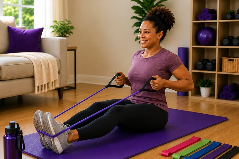 Beginner performing a seated resistance band row using a tube resistance band with handles while sit