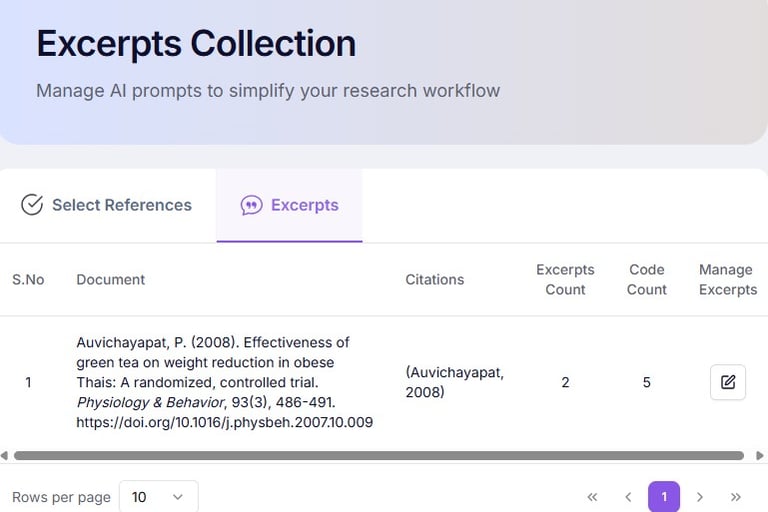 Software interface for managing research excerpts and AI prompts for systematic literature reviews.
