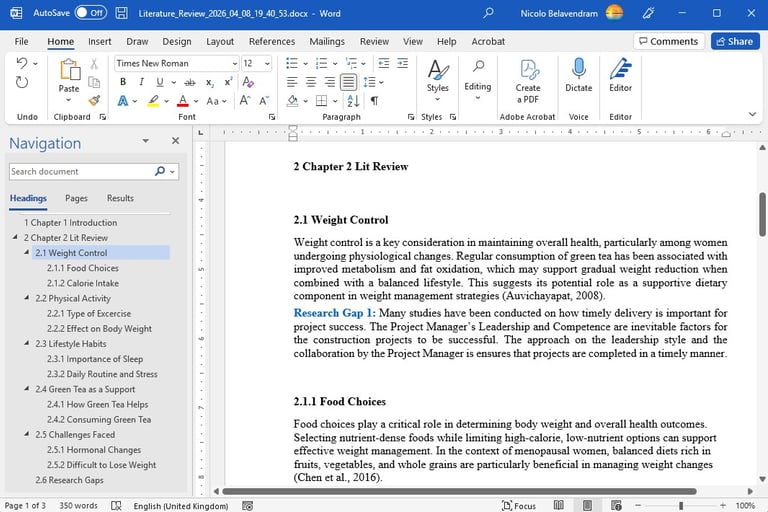Microsoft Word document displaying a literature review on weight control and green tea metabolism.
