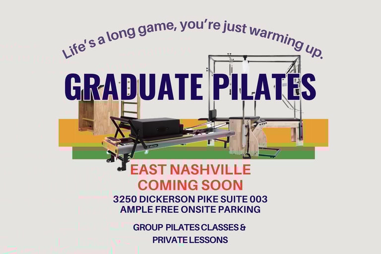 Promotional flyer for Graduate Pilates in East Nashville featuring a reformer machine and class details.