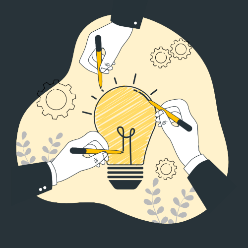 Multiple people holding a pencil and writing on a light bulb. Gears and plants are in the background