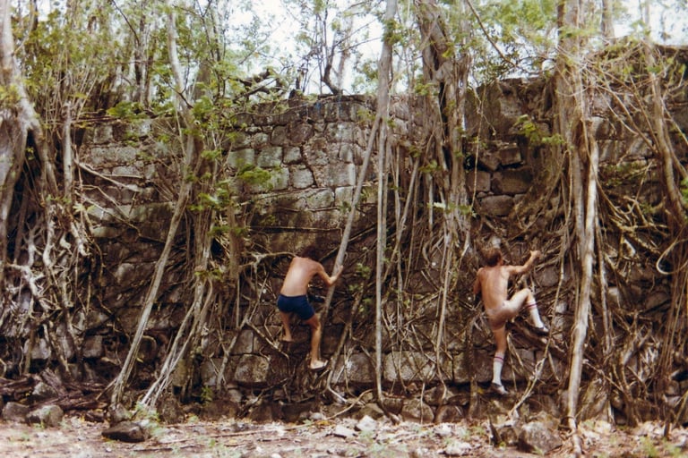 The author climbing the outer wall of the Cabrits