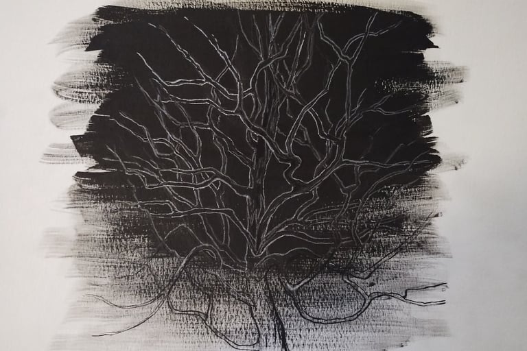 This picture relates to the previous drawing and is made with ink and watercolor on paper