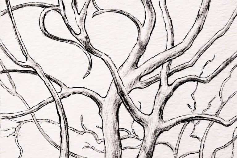 A circle encloses a view of tree branches in winter, rendered in graphite and ink on paper.