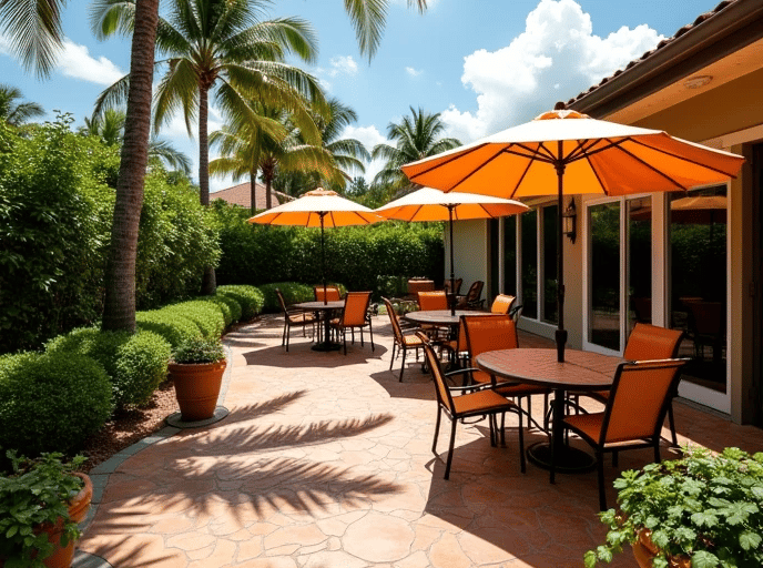a decorative concrete patio with tables and chairs and some orange umbrellas