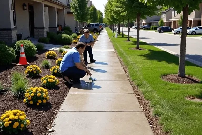 2 men are assessing the concrete sidewalk in Apopka, FL