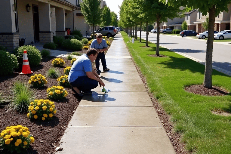 2 men are assessing the concrete sidewalk
