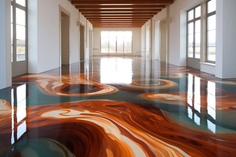 a hallway with an epoxy decorative flooring