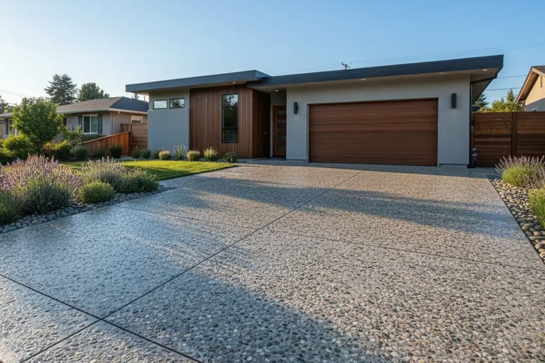 Exposed aggregate concrete driveway at a suburban home in Davis, California.
