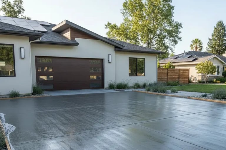 Freshly poured broom-finished concrete driveway in front of a modern home in Davis, California.