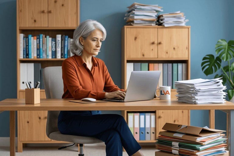 Woman working at a laptop surrounded by towering piles of unfiled papers and folders.