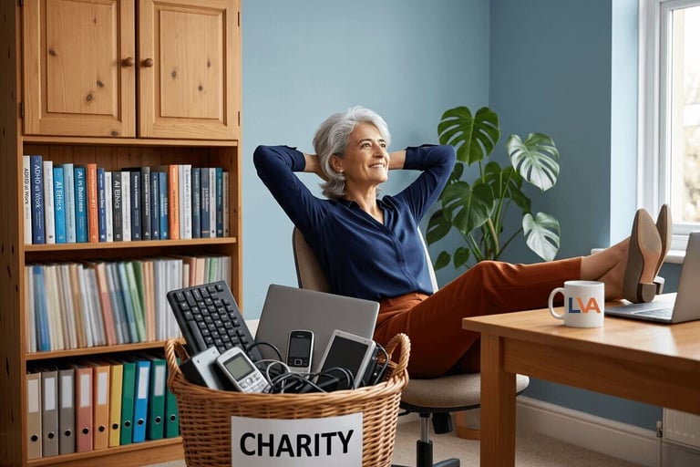 Woman relaxed at her desk - invisible workload cleared, charity basket of old tech ready to go
