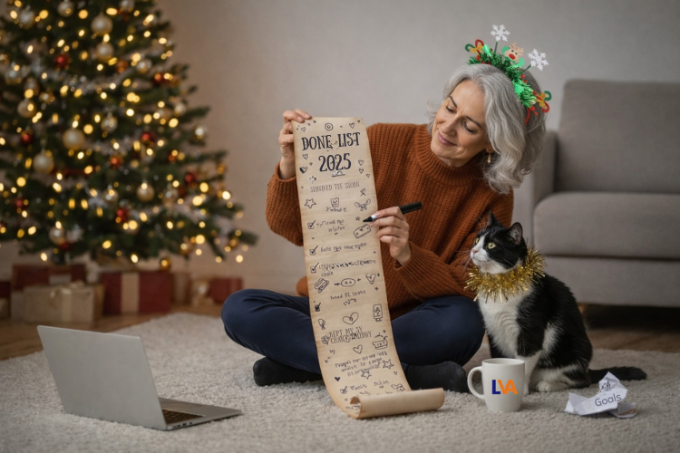 A businesswoman shows her cat her 2025 Done List in preparation for Christmas holidays