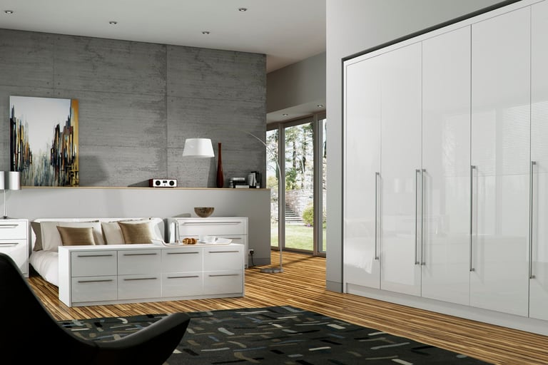 Odyssey modern slab fitted bedroom wardobes and bedside drawers
