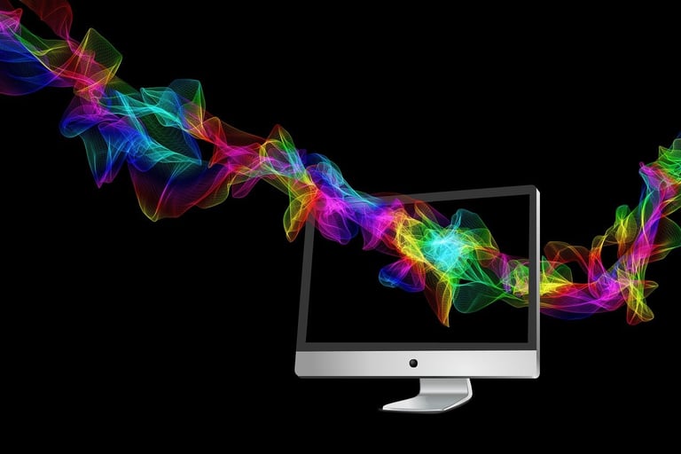 Digital wave emerging from computer screen, representing AI data flow and processing power