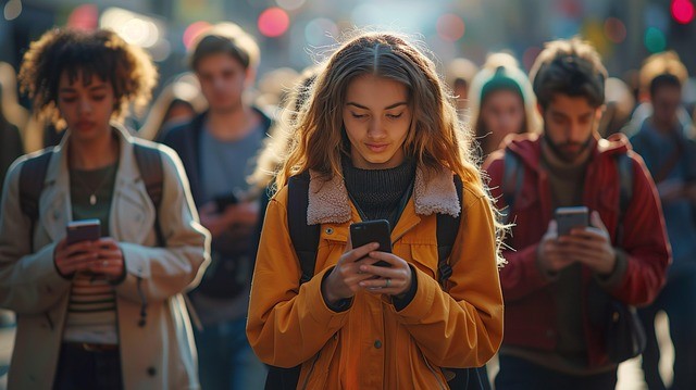 Group of young adults using smartphones, illustrating use of AI-powered chatbots in daily life