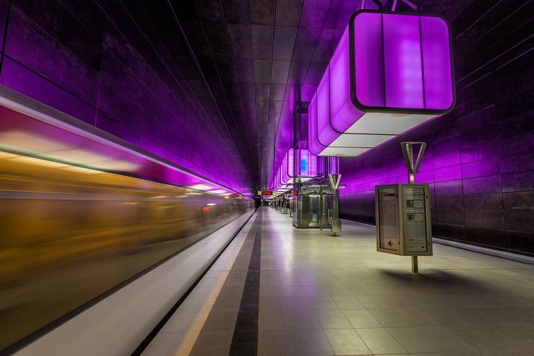 AI-powered smart metro station with futuristic purple lighting and high-speed urban transit