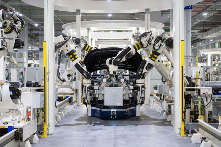 AI-powered robotic arms automating a factory assembly line, highlighting NVIDIA's industrial AI