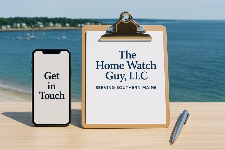 Branded clipboard and smartphone on natural wood desk, representing home watch scheduling in coastal