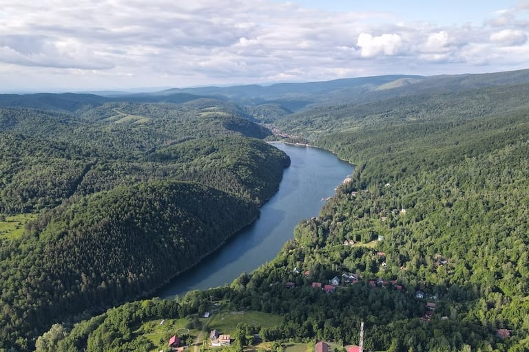 O vedere panoramică spectaculoasă a Lacului Gozna din Văliug, înconjurat de o pădure de conifere.