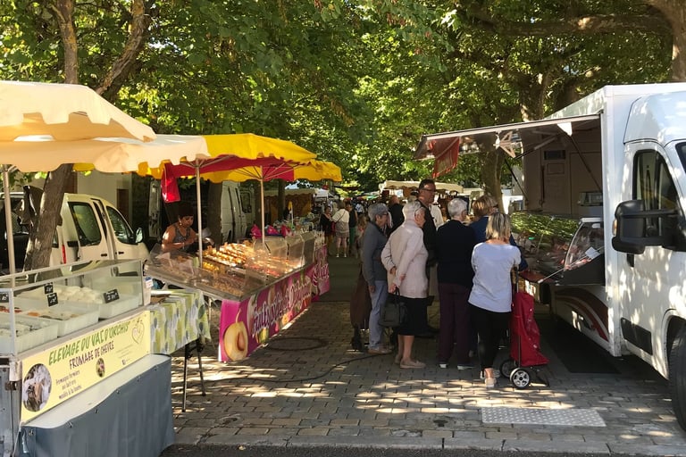 A vibrant Quillan  market with people shopping at food stalls and food trucks under green trees.