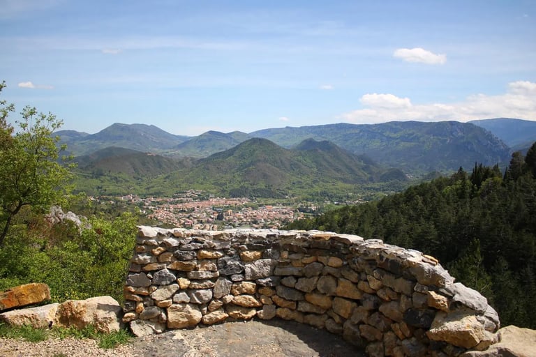 Panoramic view from Pic de Bitrague above Quillan, overlooking the Three Quilles and the Haute Vallée de l'Aude