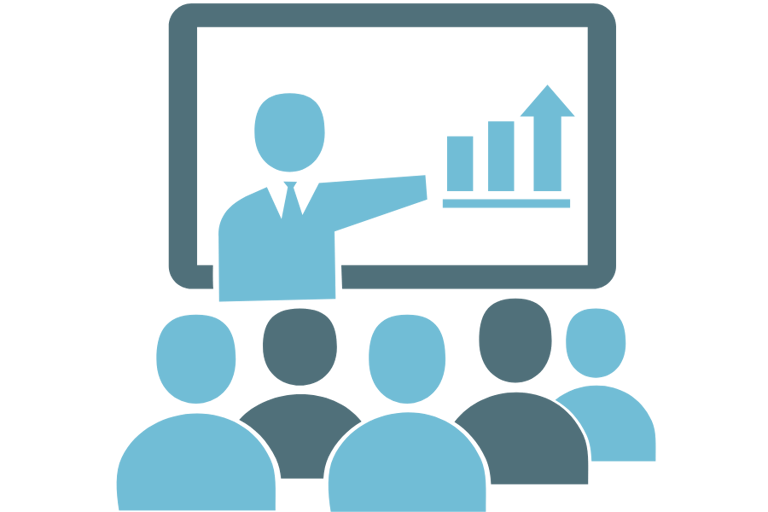 businessman giving presentation to clients showing growth