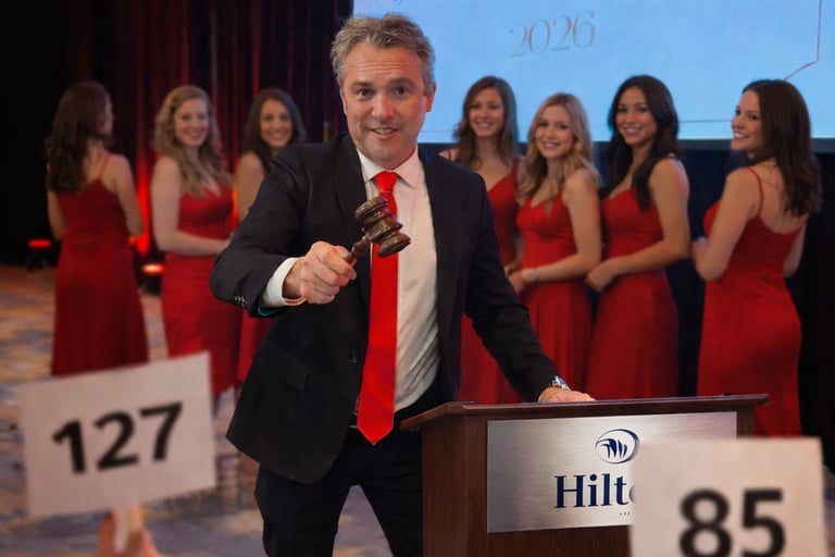 Craig Rosie leading a high-energy Paddle Raise and Fund-A-Need strategy at a Los Angeles fundraising