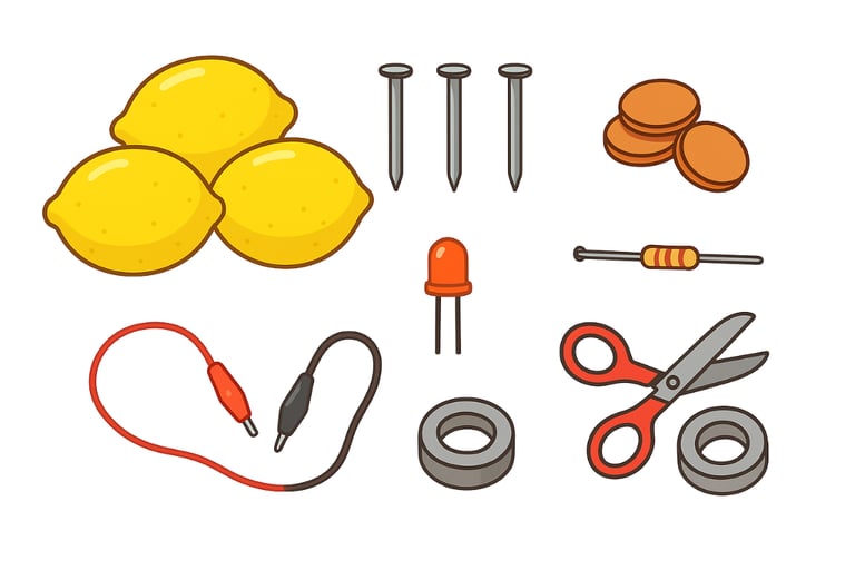 lemons, nails, coin, cables, scissors, thread and wires